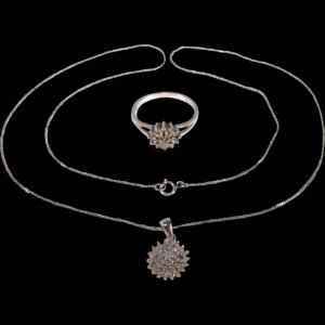 9ct White Gold Diamond Necklace And Ring Set