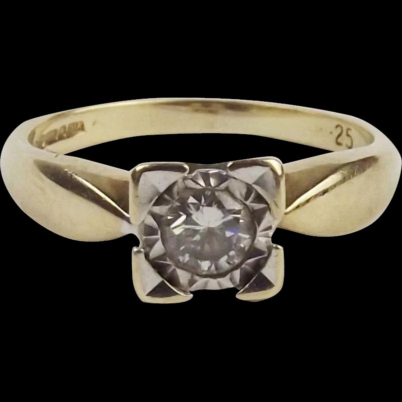 9ct Yellow Gold 0.25CTW Diamond Solitaire Ring UK Size K+ US 5 ¼