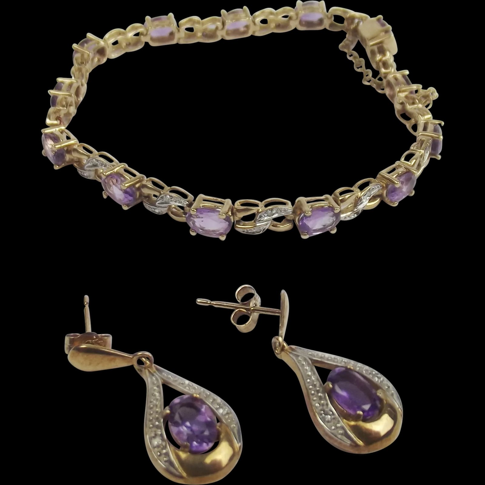 9ct Yellow Gold Amethyst & Diamond Bracelet & Earrings Set