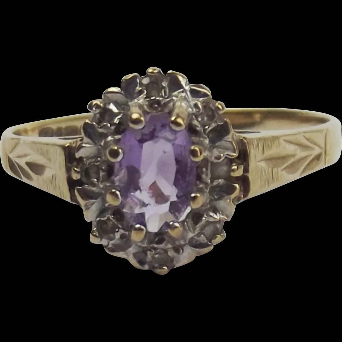 9ct Yellow Gold Amethyst & Diamond Flower Head Ring UK Size O US 7