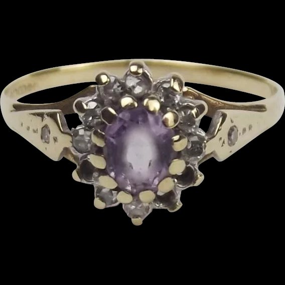 9ct Yellow Gold Amethyst & Diamond Flower Head Ring UK Size L+ US 6