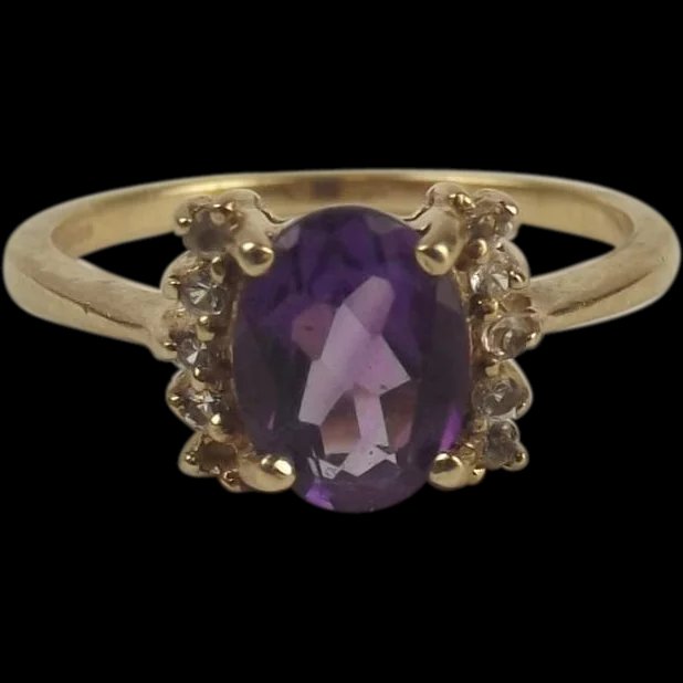 9ct Yellow Gold Amethyst & Diamond Ring UK Size N+ US 6 ¾