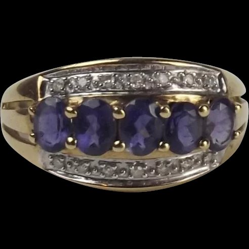 9ct Yellow Gold Amethyst & Diamond Ring UK Size L+ US 5 ¾