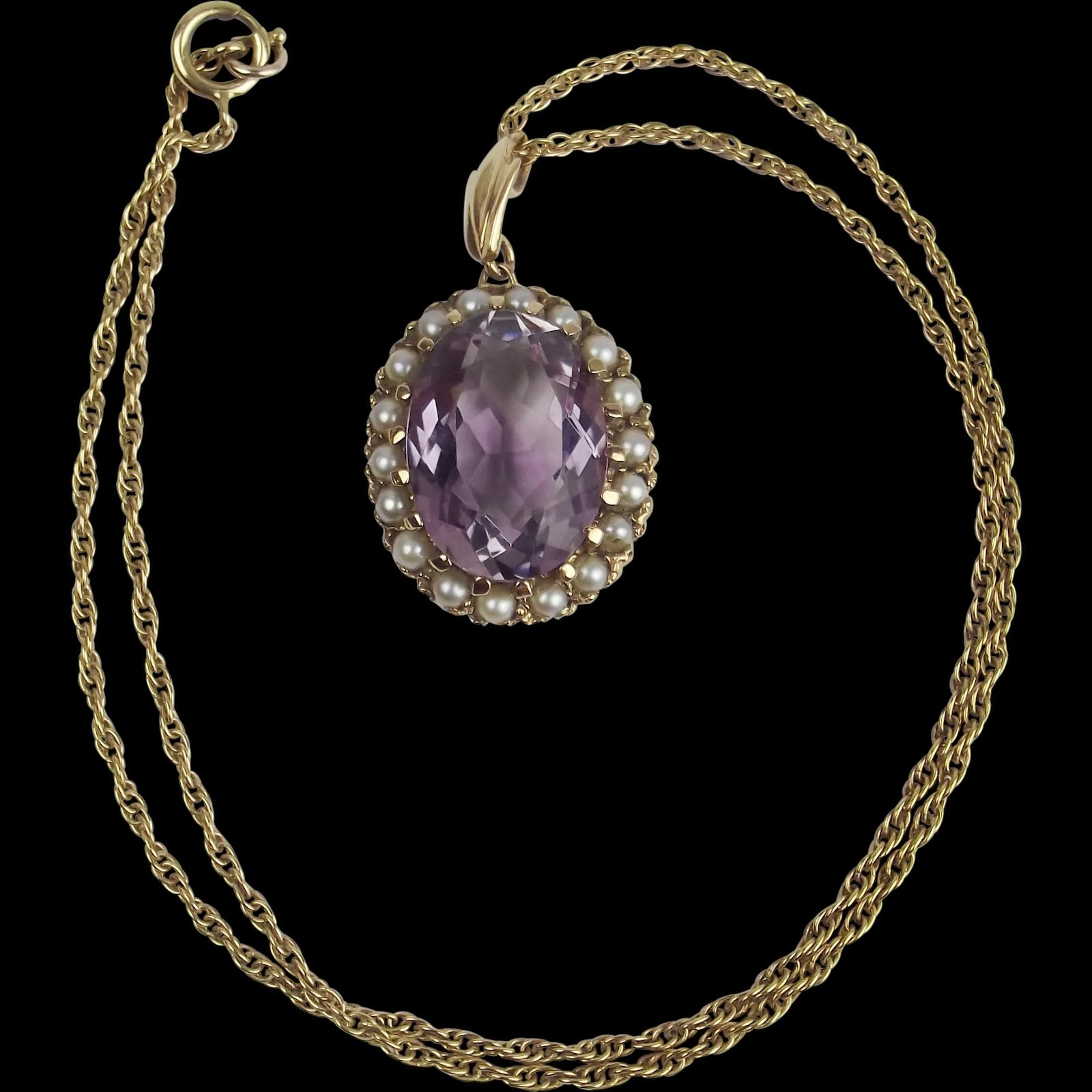 9ct Yellow Gold Amethyst & Pearl Pendant Necklace