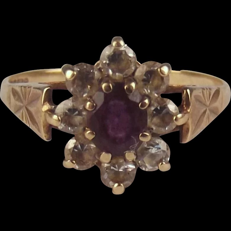 9ct Yellow Gold Amethyst & Zirconia Flower Head Ring UK Size M US 6 ¼