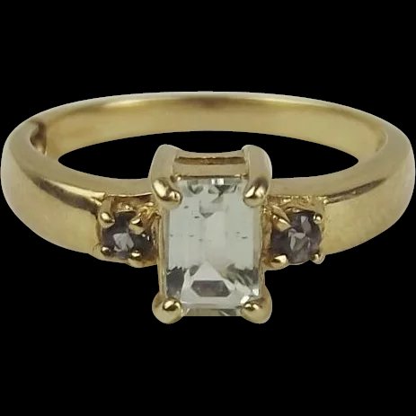 9ct Yellow Gold Aquamarine & Glass Ring UK Size N+ US 6 ¾