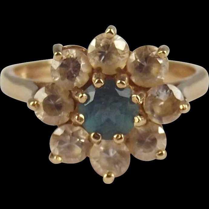 9ct Yellow Gold Aquamarine & Zirconia Flower Head Ring UK Size O+ US 7 ½