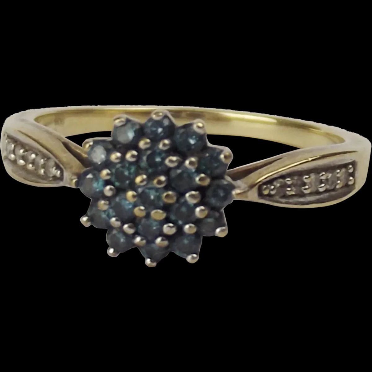 9ct Yellow Gold Blue & White Diamond Cluster Ring UK Size P+ US 7 ¾