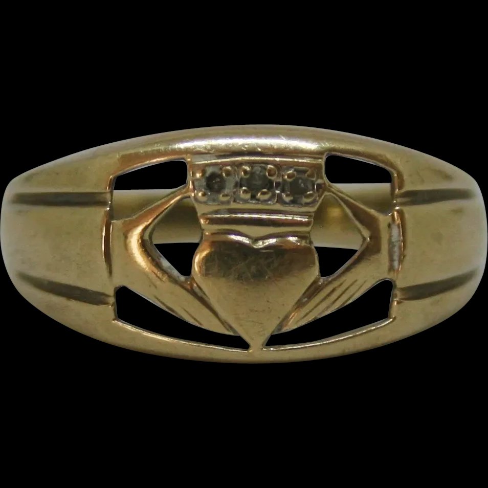 9ct Yellow Gold Diamond Claddagh Ring UK Size T+ US 10
