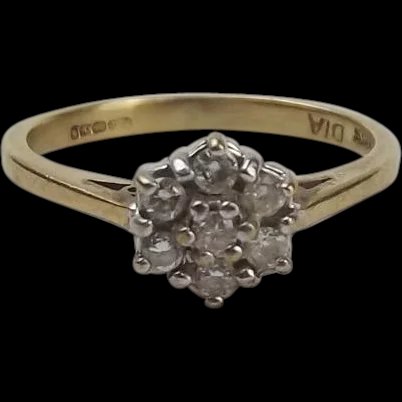 9ct Yellow Gold Diamond Flower Head Ring UK Size K+ US 5 ¼