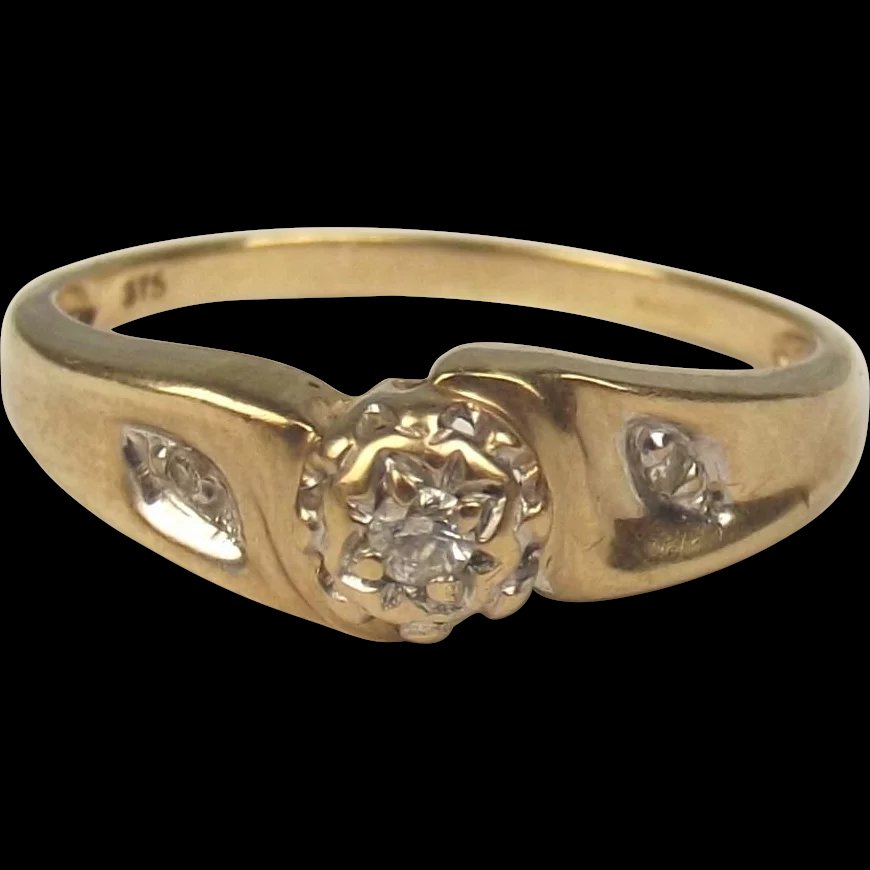 9ct Yellow Gold Diamond Ring UK Size P US 7 ¾