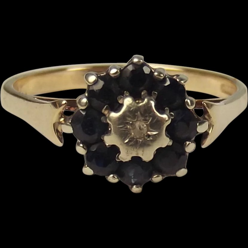 9ct Yellow Gold Diamond & Sapphire Flower Ring UK Size P+ US 8