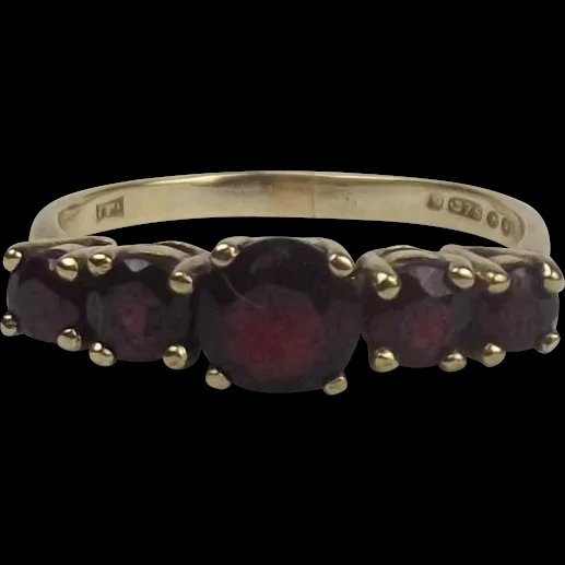 9ct Yellow Gold Five Stone Garnet Ring UK Size Q+ US 8 ½