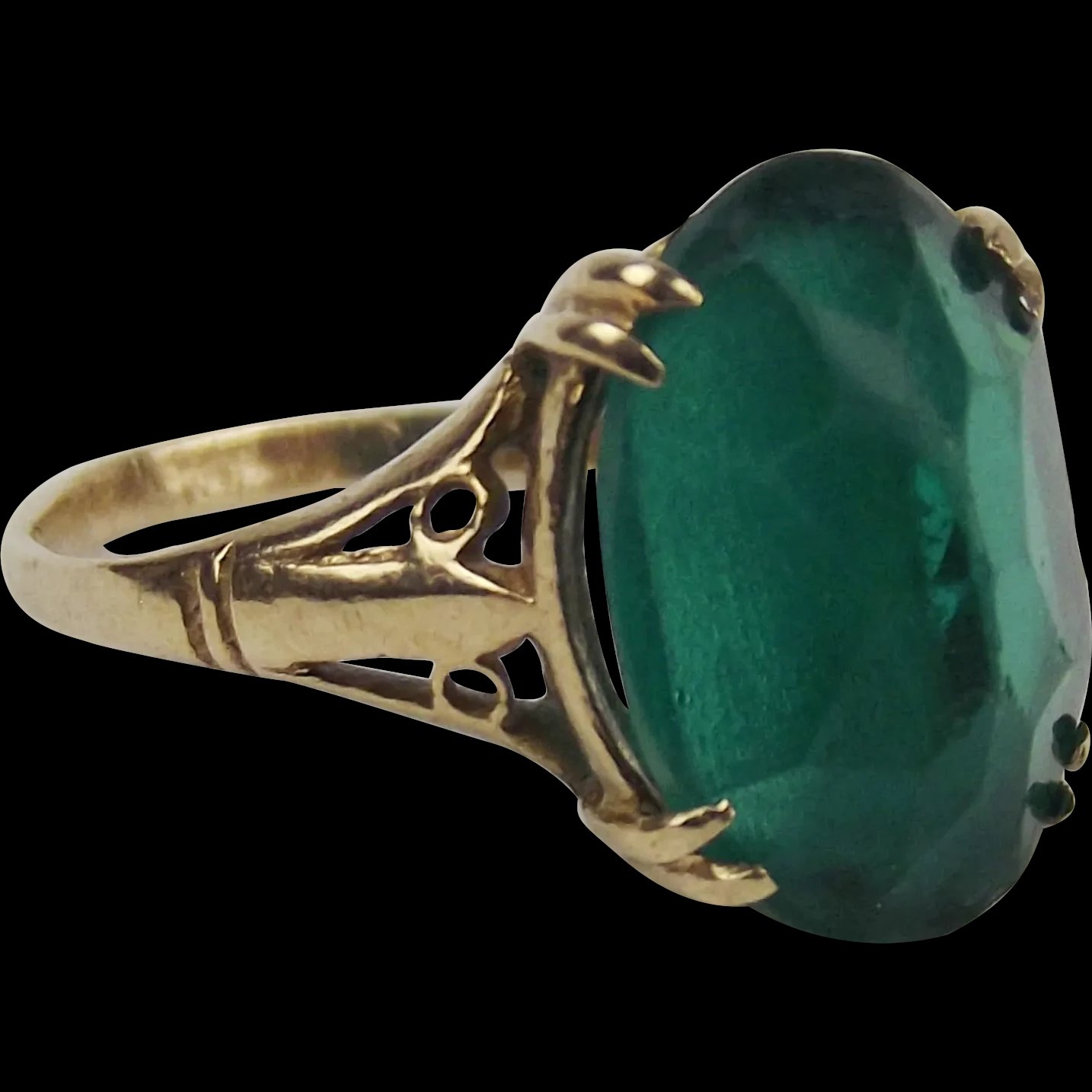 9ct Yellow Gold Green Glass Ring UK Size N+ US 6 3/4