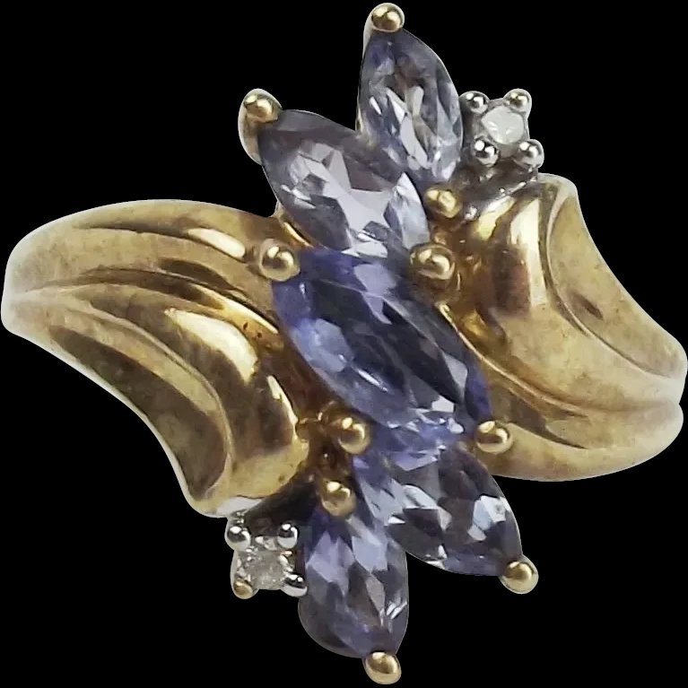 9ct Yellow Gold Iolite & Diamond Cluster Ring UK Size N US 6 ½