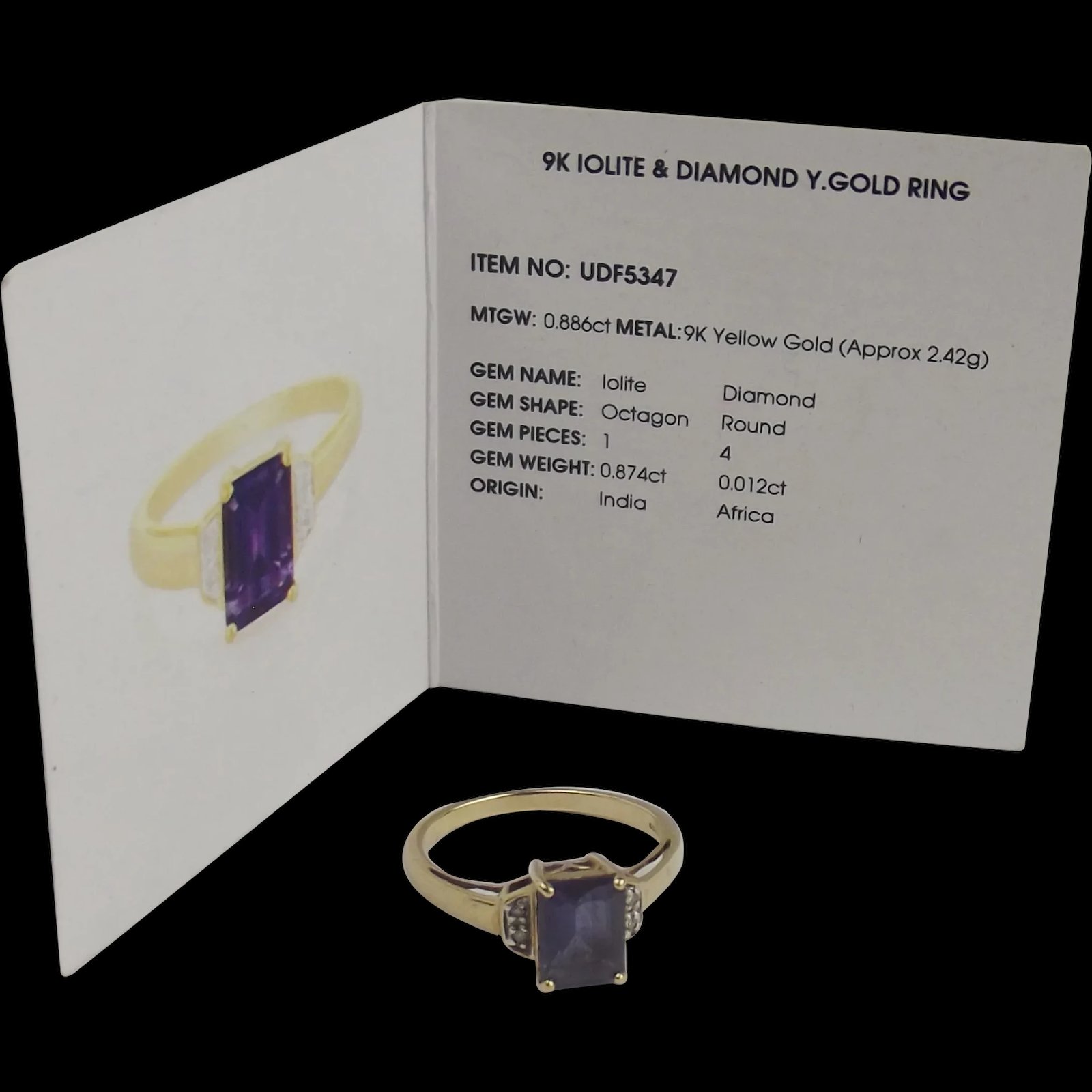 9ct Yellow Gold Iolite & Diamond Ring UK Size N+ US 6 ¾