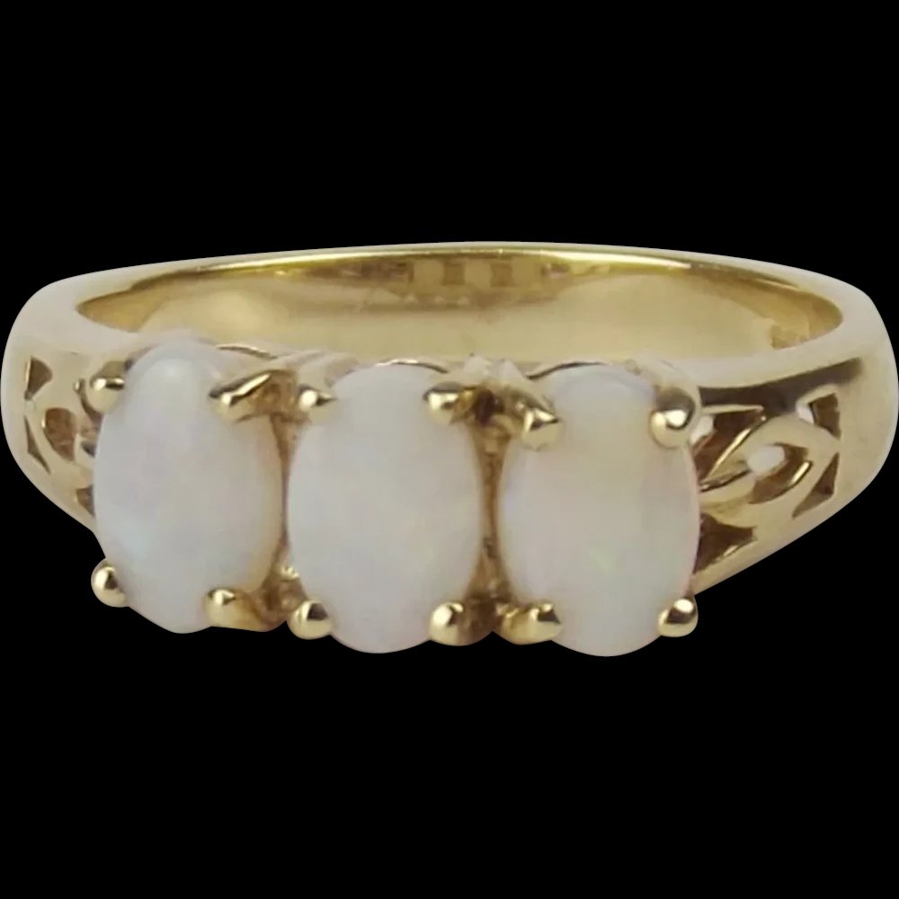 9ct Yellow Gold Opal Trio Ring UK Size N+ US 6 ¾