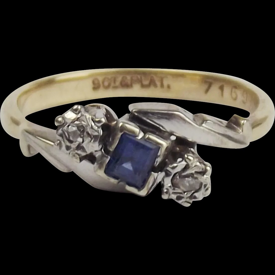 9ct Yellow Gold, Platinum Sapphire & Diamond Ring UK Size K US 5 ¼