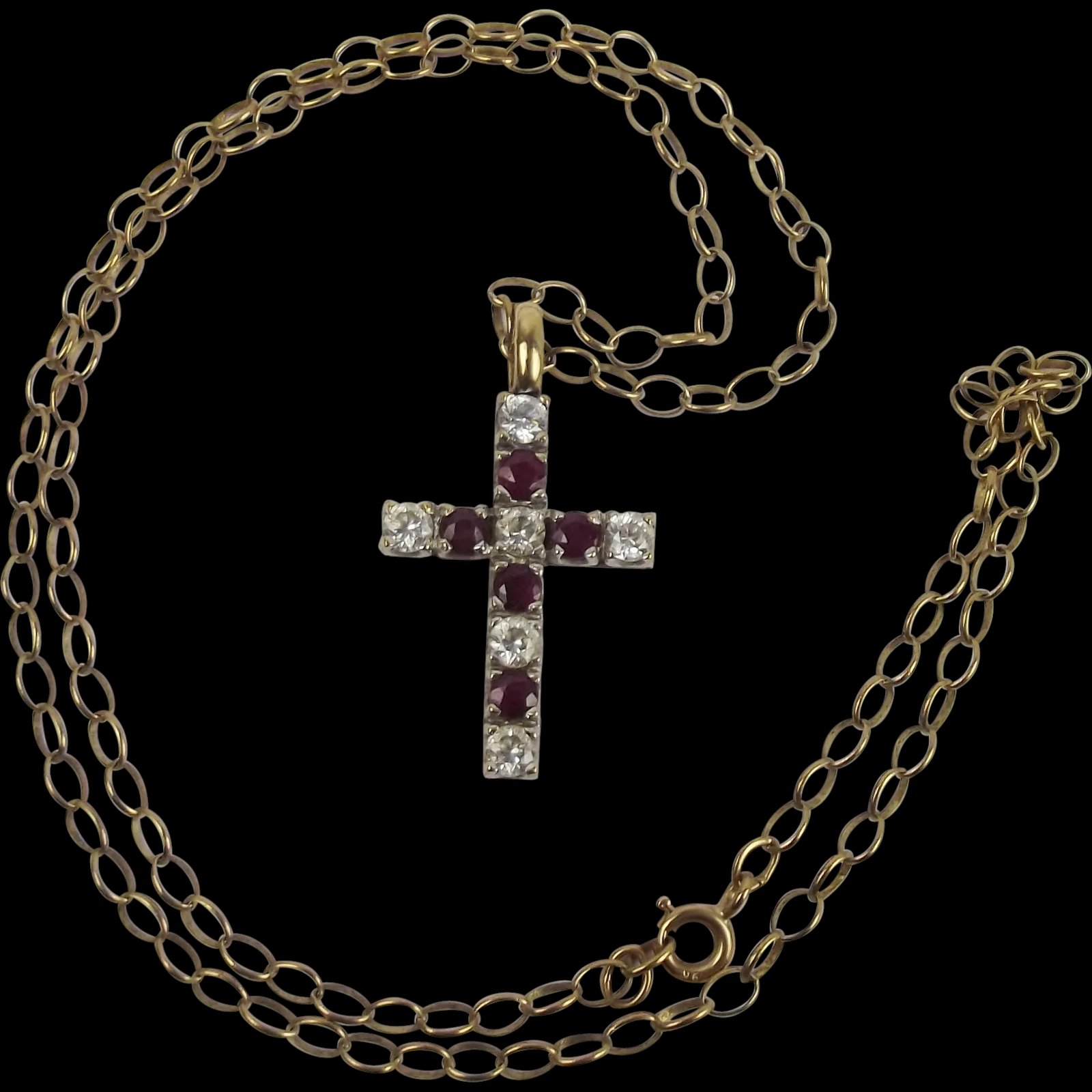 9ct Yellow Gold Ruby & Cubic Zirconia Cross Pendant Necklace