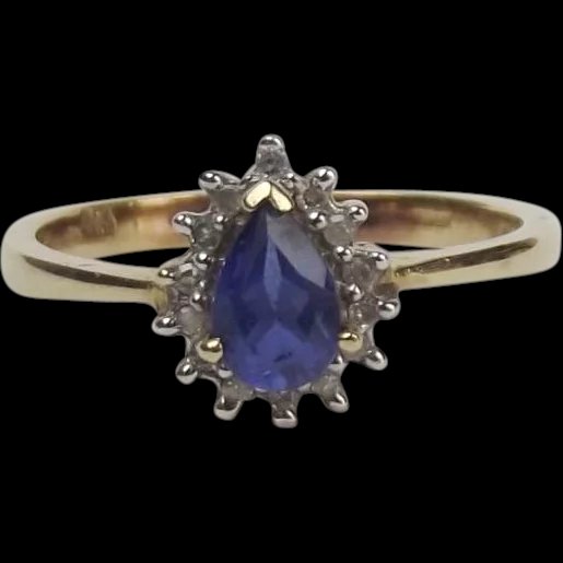 9ct Yellow Gold Sapphire & 0.07CTW Diamond Flower Head Ring UK Size O+ US 7 ¼