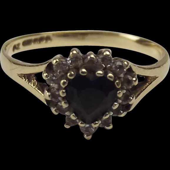 9ct Yellow Gold Sapphire & Cubic Zirconia Heart Shape Ring UK Size N US 6 ¾