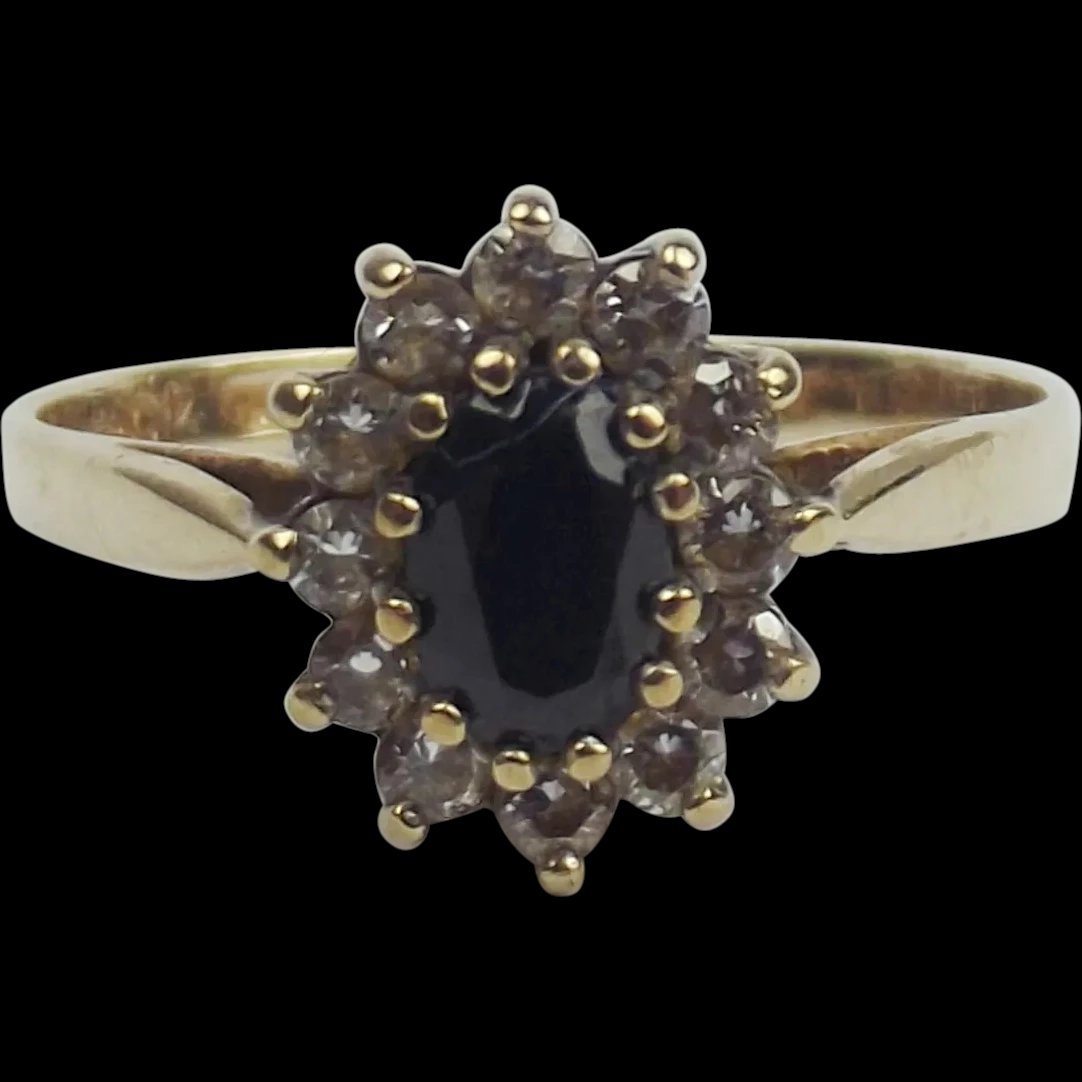 9ct Yellow Gold Sapphire & Cubic Zirconia Flower Head Ring UK Size P+ US 7 ¾