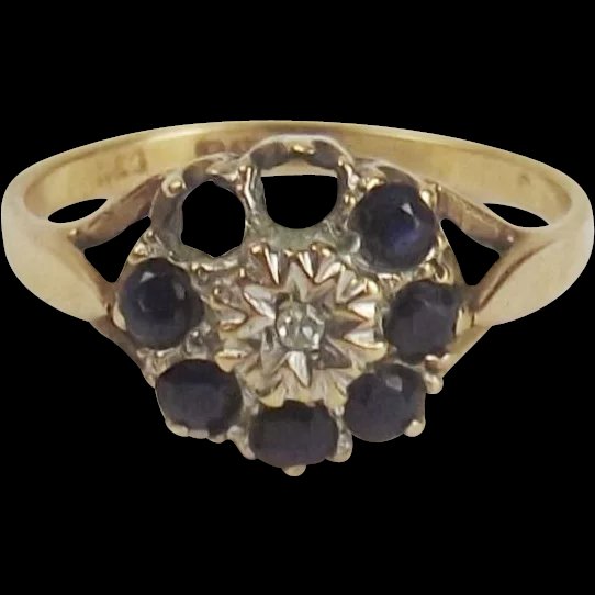9ct Yellow Gold Sapphire & Diamond Flower Head Ring UK Size O+ US 7 ¼