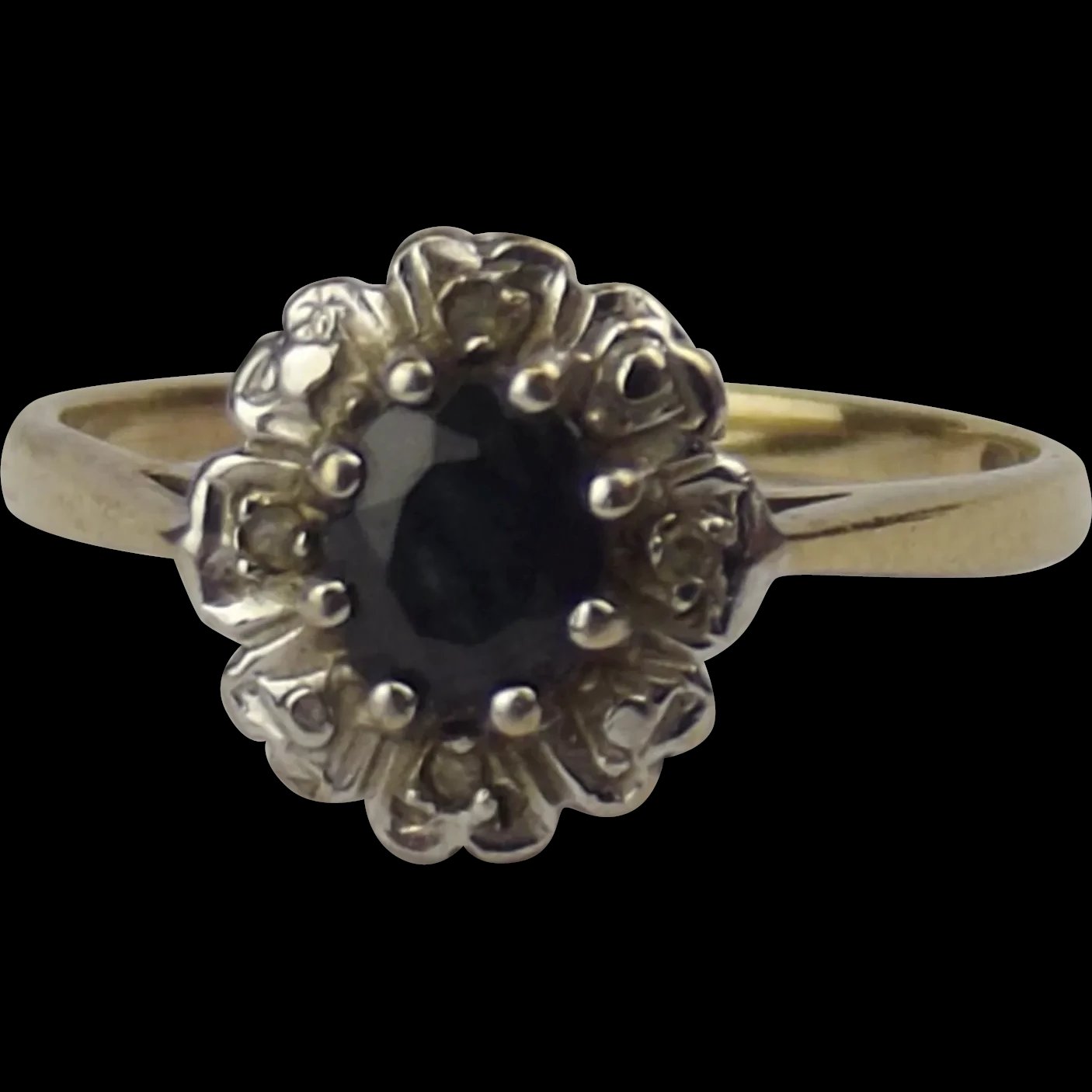 9ct Yellow Gold Sapphire & Diamond Flower Head Ring UK Size L US 5 ½