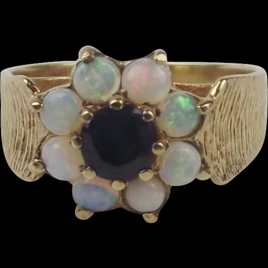 9ct Yellow Gold Sapphire & Opal Flower Head Ring UK Size O US 7