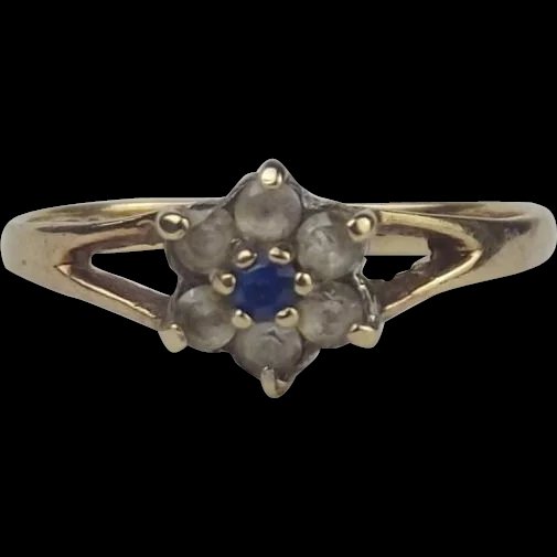 9ct Yellow Gold Tanzanite & Quartz Flower Head Ring UK Size M+ US 6 ¼