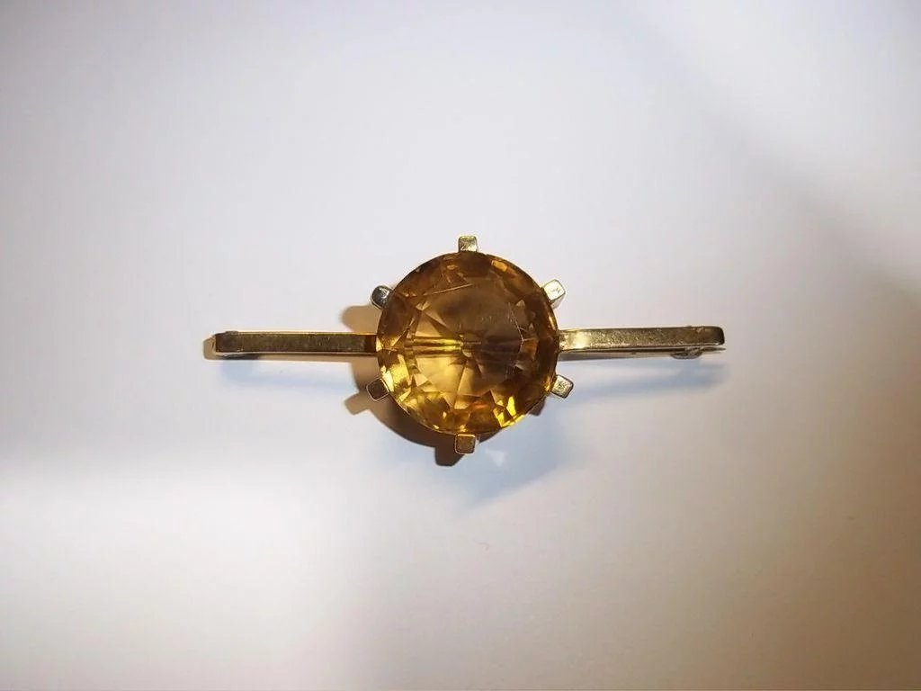 Antique 9 Ct Yellow Gold and 9 Carat Citrine Bar Brooch, 6.7g