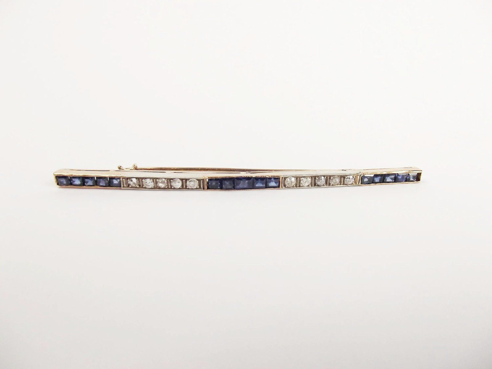 Art Deco 18ct Rose Gold Diamond & Sapphire Bar Brooch