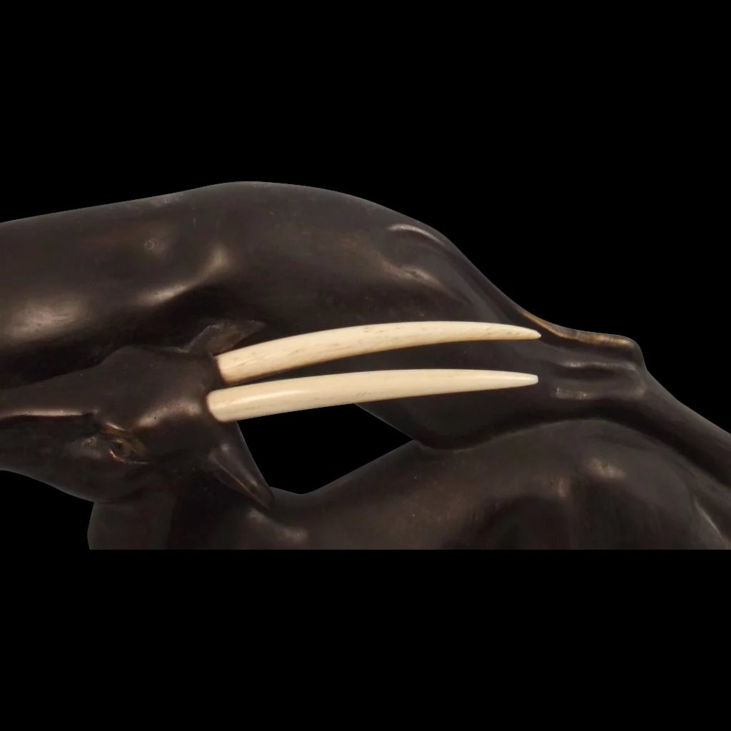 Art Deco Bronze Antelope Figurines On Slate & Onyx