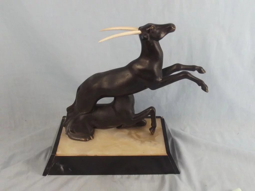 Art Deco Bronze Antelope Figurines On Slate & Onyx - Image 2