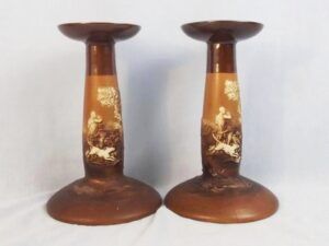 Art Nouveau Period Stoneware Royal Doulton Hunting Scene Candle Sticks