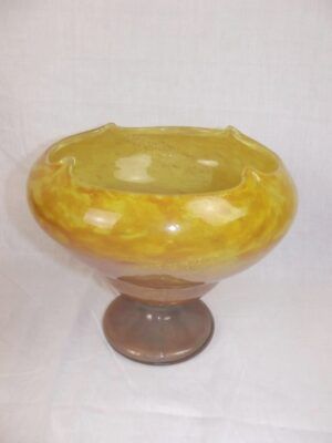 Art Noveau Daum Pedestal Glass Bowl In Mottled Yellow With Gold Flecks