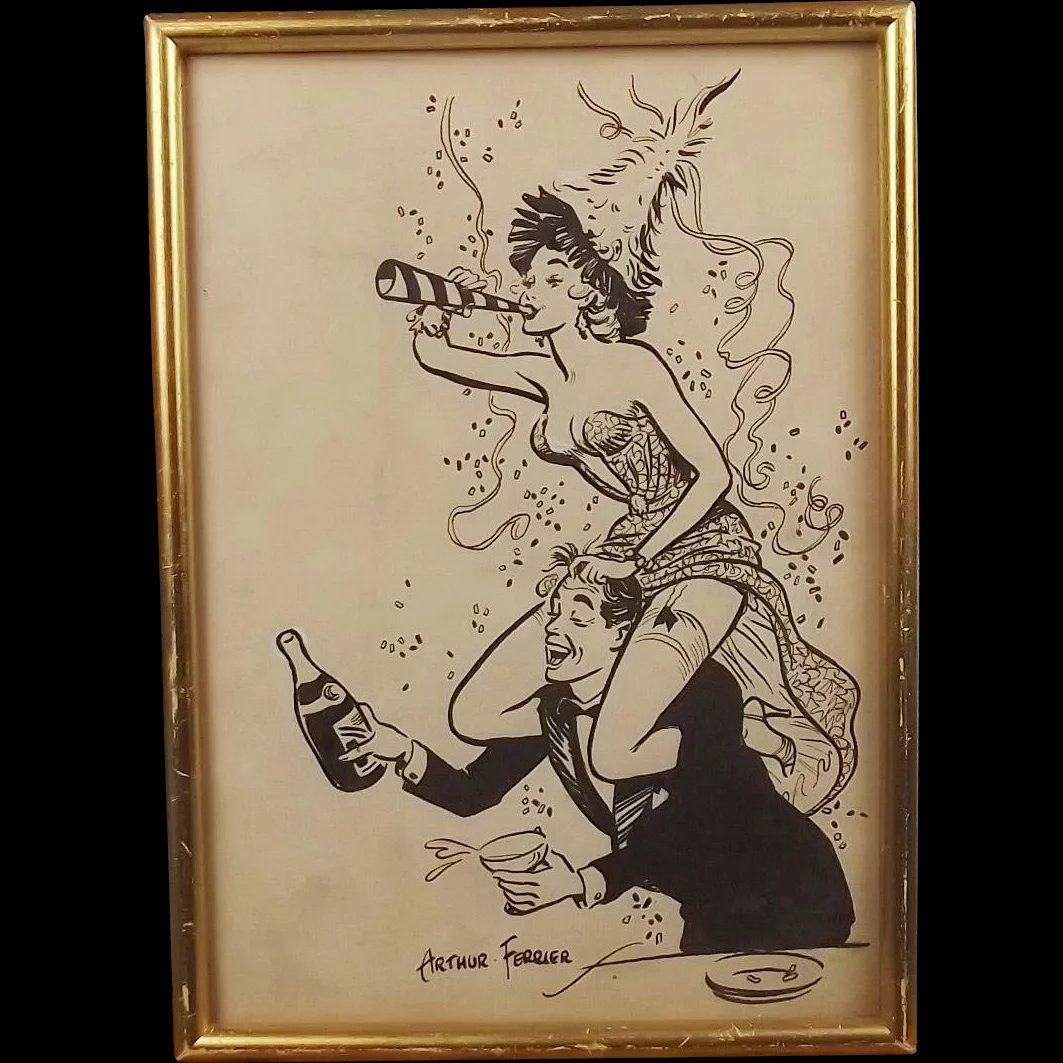 Arthur Ferrier (1891 – 1973) Hand Drawn Cartoon Of Partying Couple