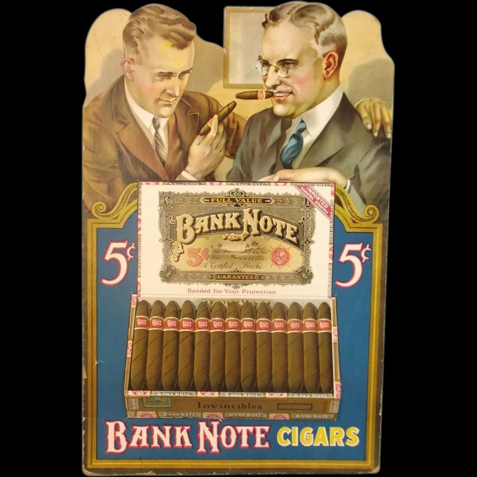 Bank Note Cigars Cardboard Countertop Shop Advertising Sign c1930's