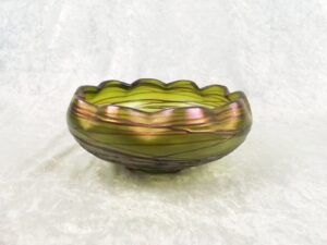 Bohemian Kralik Threaded Iridescent Green Glass Bowl