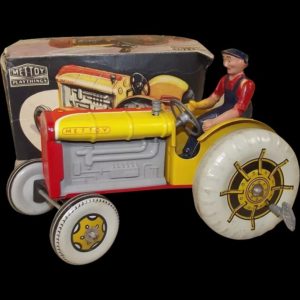 Boxed Mettoy Tinplate Clockwork Mechanical Tractor With Driver & Key