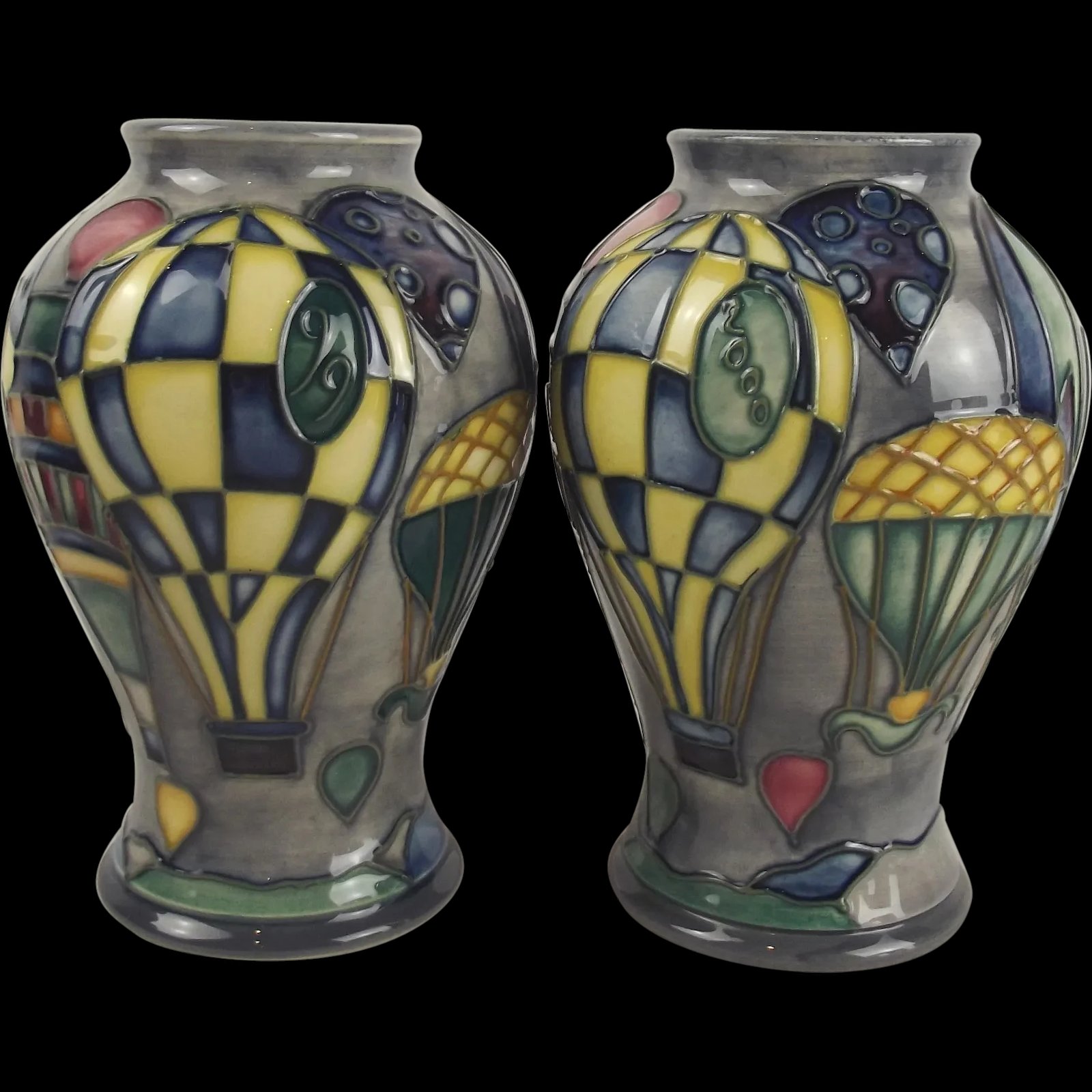 Boxed Moorcroft Millennial Set Balloon Pattern Vases c1999-2000 By Kerry Goodwin