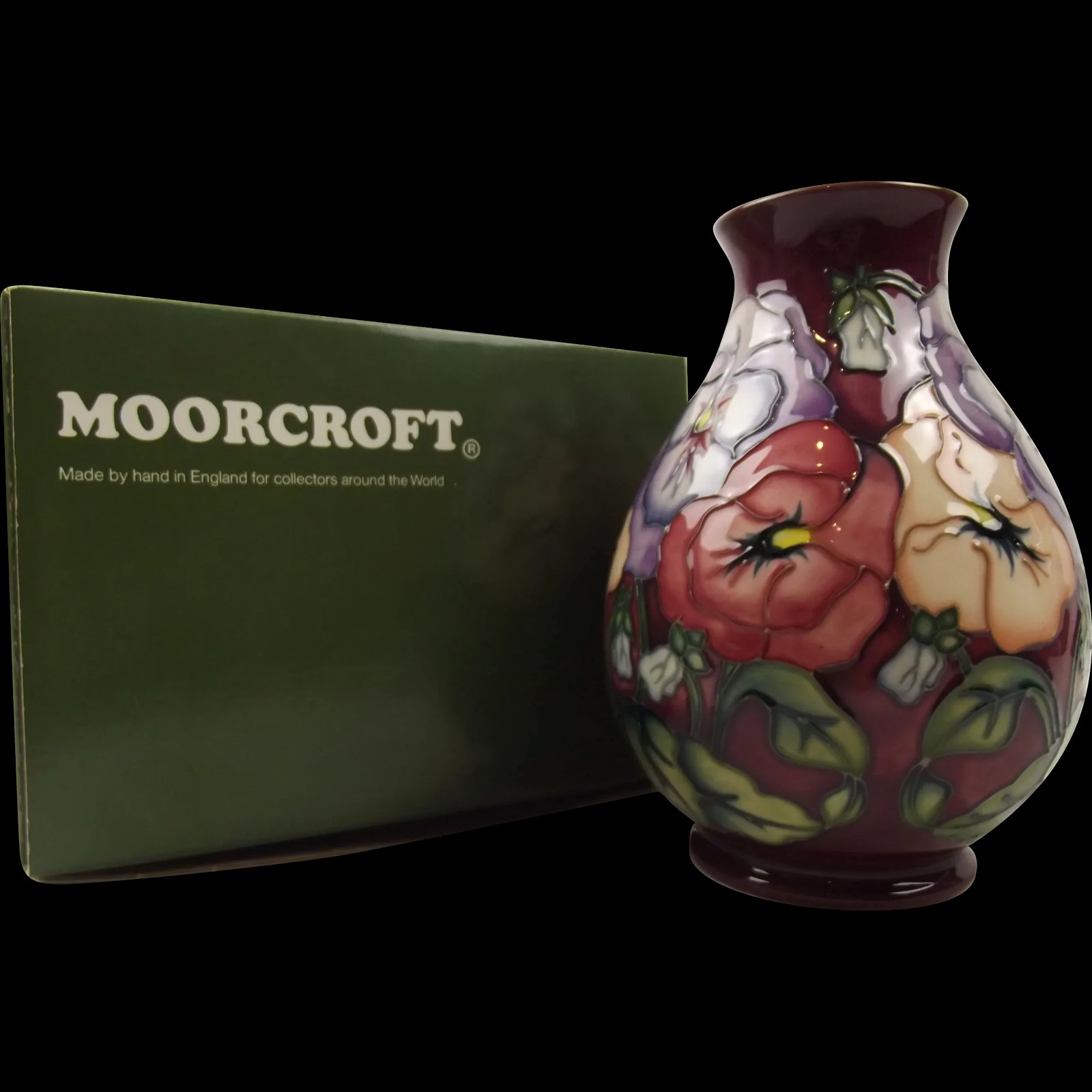 Boxed Moorcroft Pansy Pattern Vase c1994