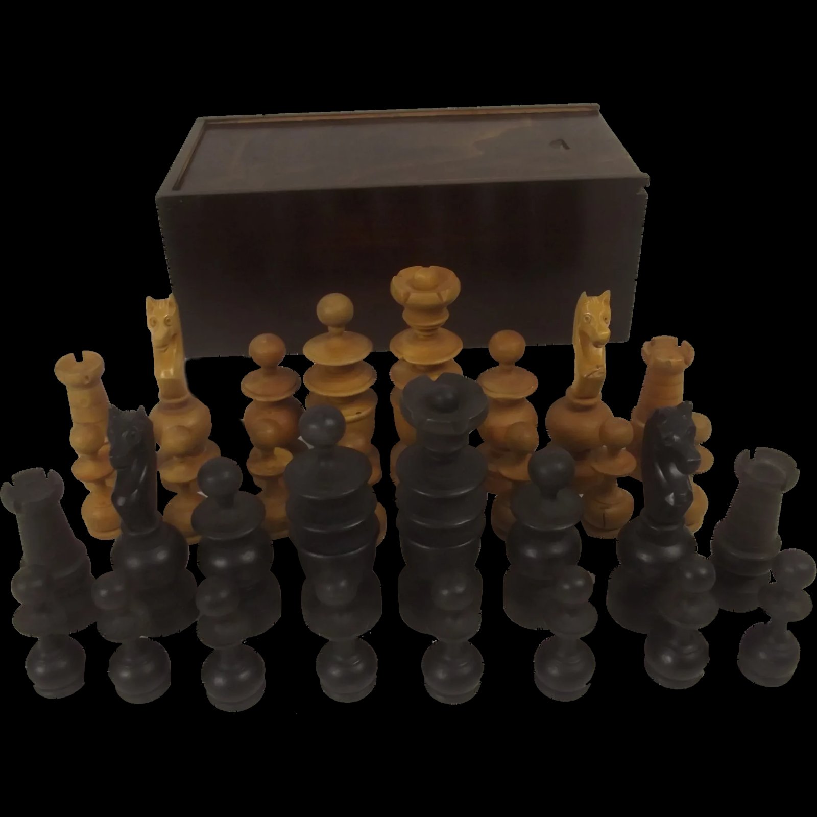 Boxwood And Ebonised Chess Set Housed In A Stained Pine Case