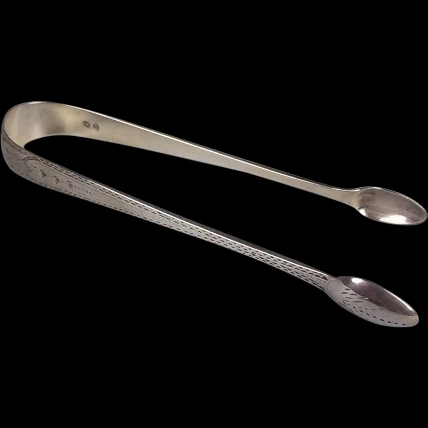 Bright Cut Georgian (c1800) Era Hallmarked Silver Tongs