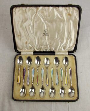 Cased Set of 12 Silver & Harlequin Guilloche Enamel Coffee Spoons c1930's
