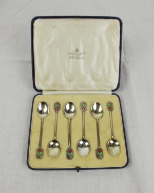 Cased Set Of Six Silver & Enamel Coffee Spoons c1932