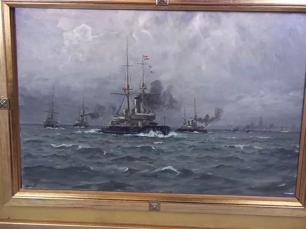 Ch. Benjamin Olsen (1873-1935) 'Danish Warships Exercising Off Aarhus', Signed - Image 2