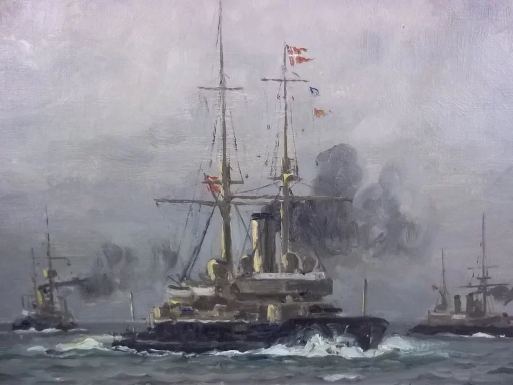 Ch. Benjamin Olsen (1873-1935) 'Danish Warships Exercising Off Aarhus', Signed - Image 3