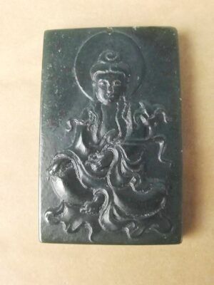 Chinese Finely Carved Dark Green Contemporary Buddha Jade Pendant