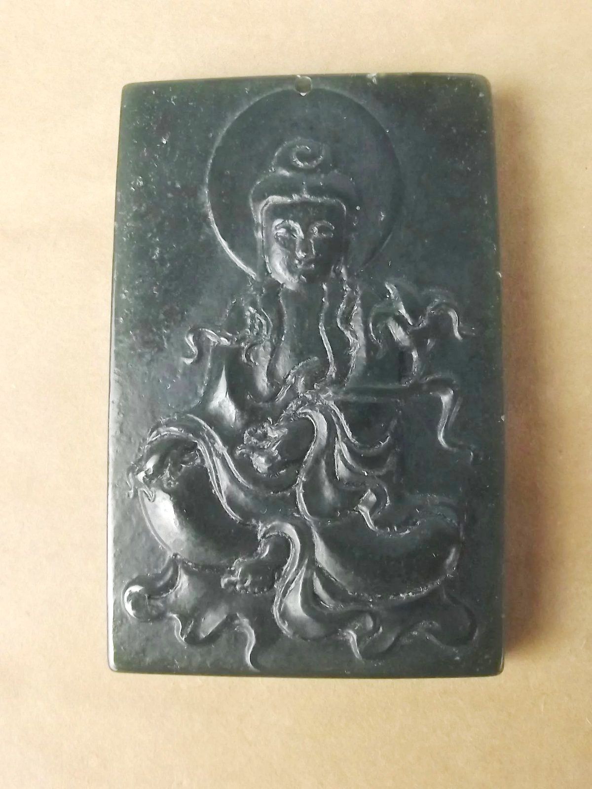Chinese Finely Carved Dark Green Contemporary Buddha Jade Pendant